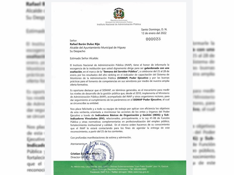 Instituto Nacional de Administración Pública Galardona la Alcaldía de Higüey