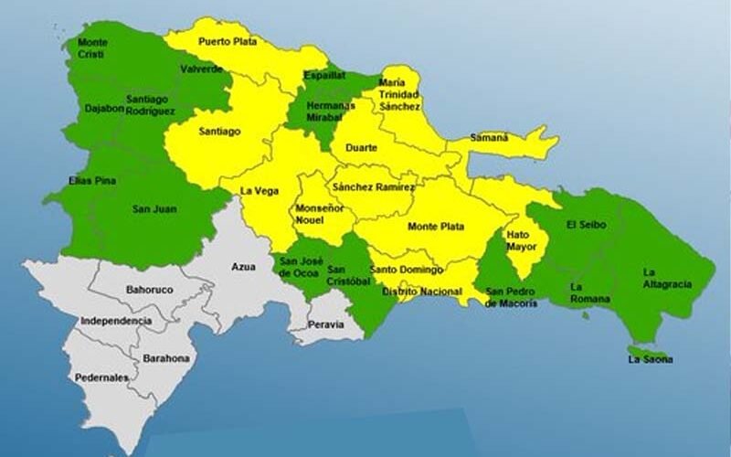 El COE mantiene 11 provincias y al Distrito Nacional en alerta amarilla y aumenta 14 en verde