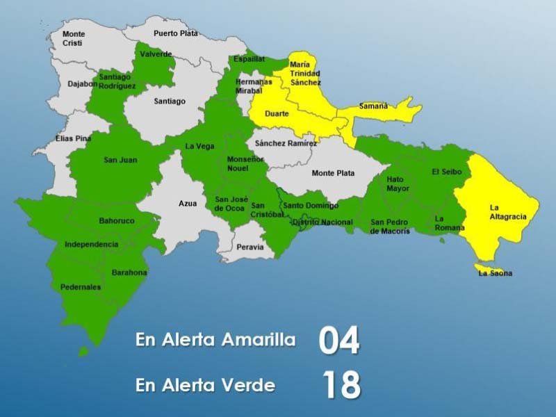 COE mantiene 4 provincias en alerta amarilla y 18 en verde